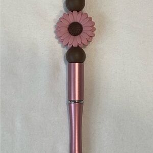 Hand Made Silicone Beaded Pink & Brown Flower Pen